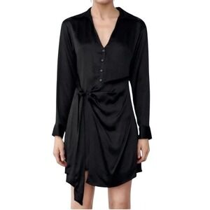 ZARA Black Satin Wrap Shirt Dress Tie‎ Waist Long Sleeve Sz M Minimal Parisian